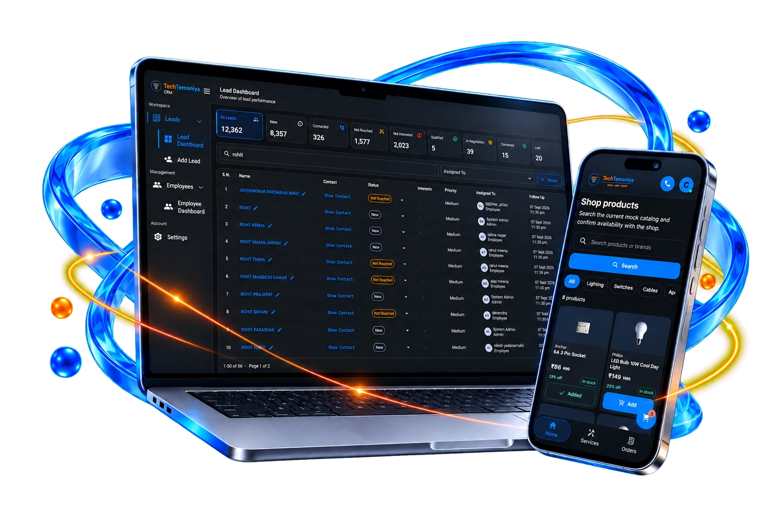 A modern business website and mobile experience surrounded by blue glass orbits